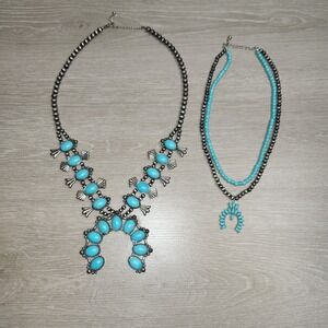 Western Faux Turquoise Mint, Squash  Blossom Chunky Necklace Aztec Rodeo Cowgirl